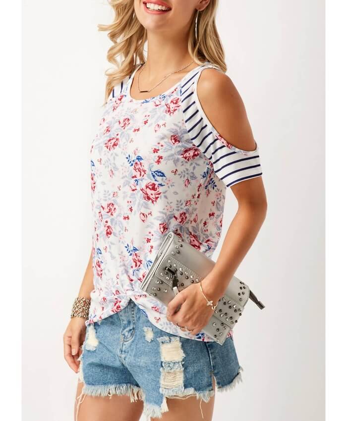 Printed Cold Shoulder Round Neck T Shirt